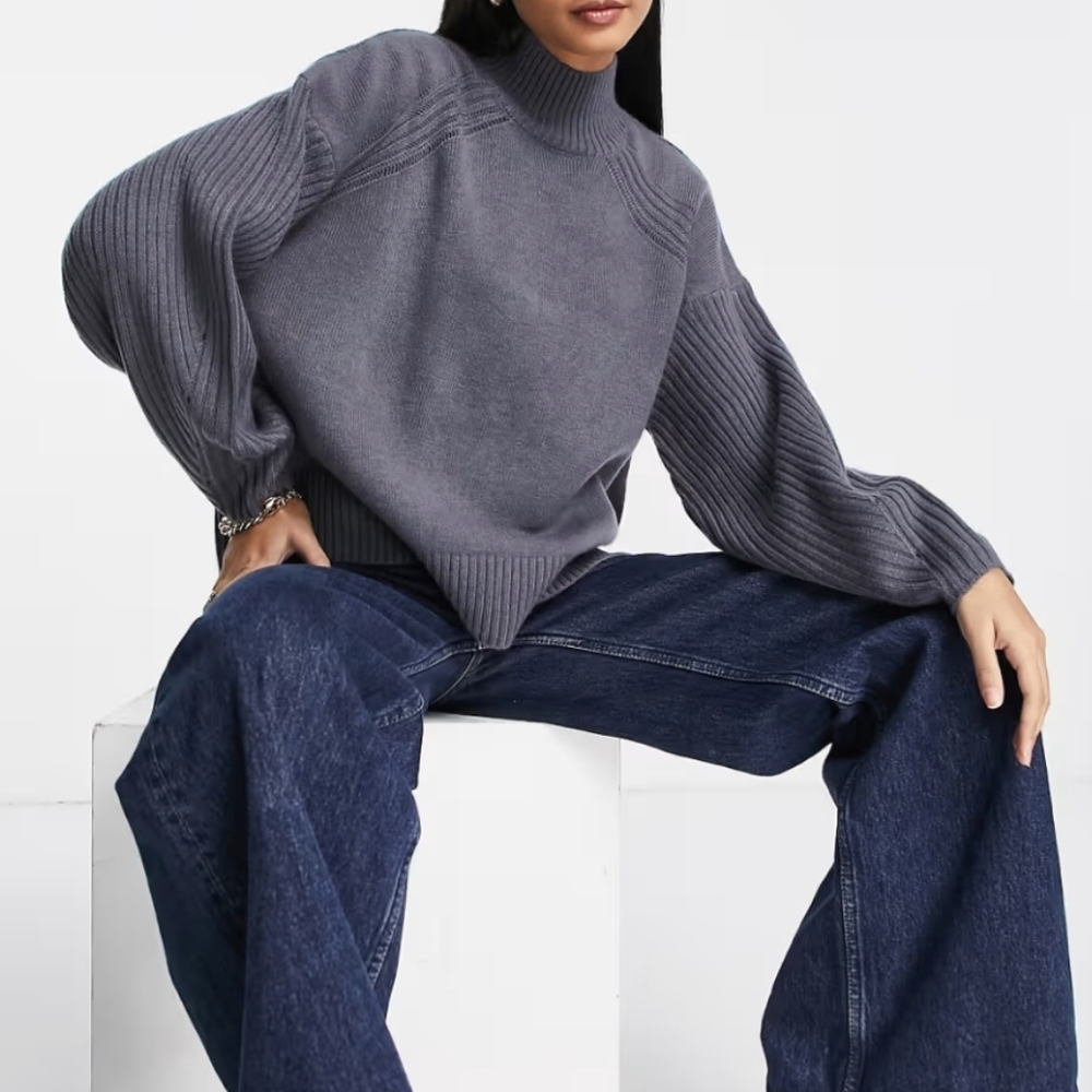 River Island rib balloon sleeve high neck sweater in dark gray XS